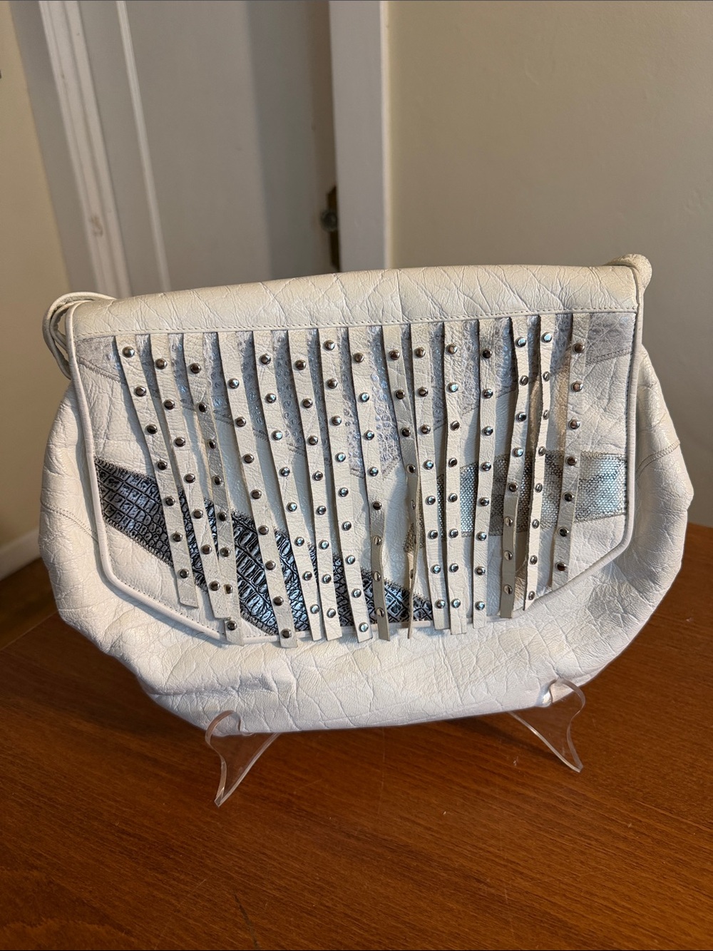 Vintage Sharif White Leather Studded Fringe Shoulder Bag Silver Patchwork Y2K